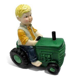 BOY Figurine On Green TRACTOR Ceramic Cookie Jar 11" Farmhouse Decor Rare Vintag